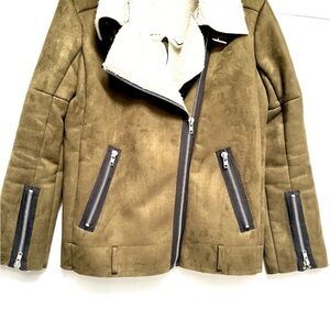JOA FAUX SUEDE SHERPA LINED MOTO COAT JACKET ZIP FRONT GREEN LARGE WOMEN’S